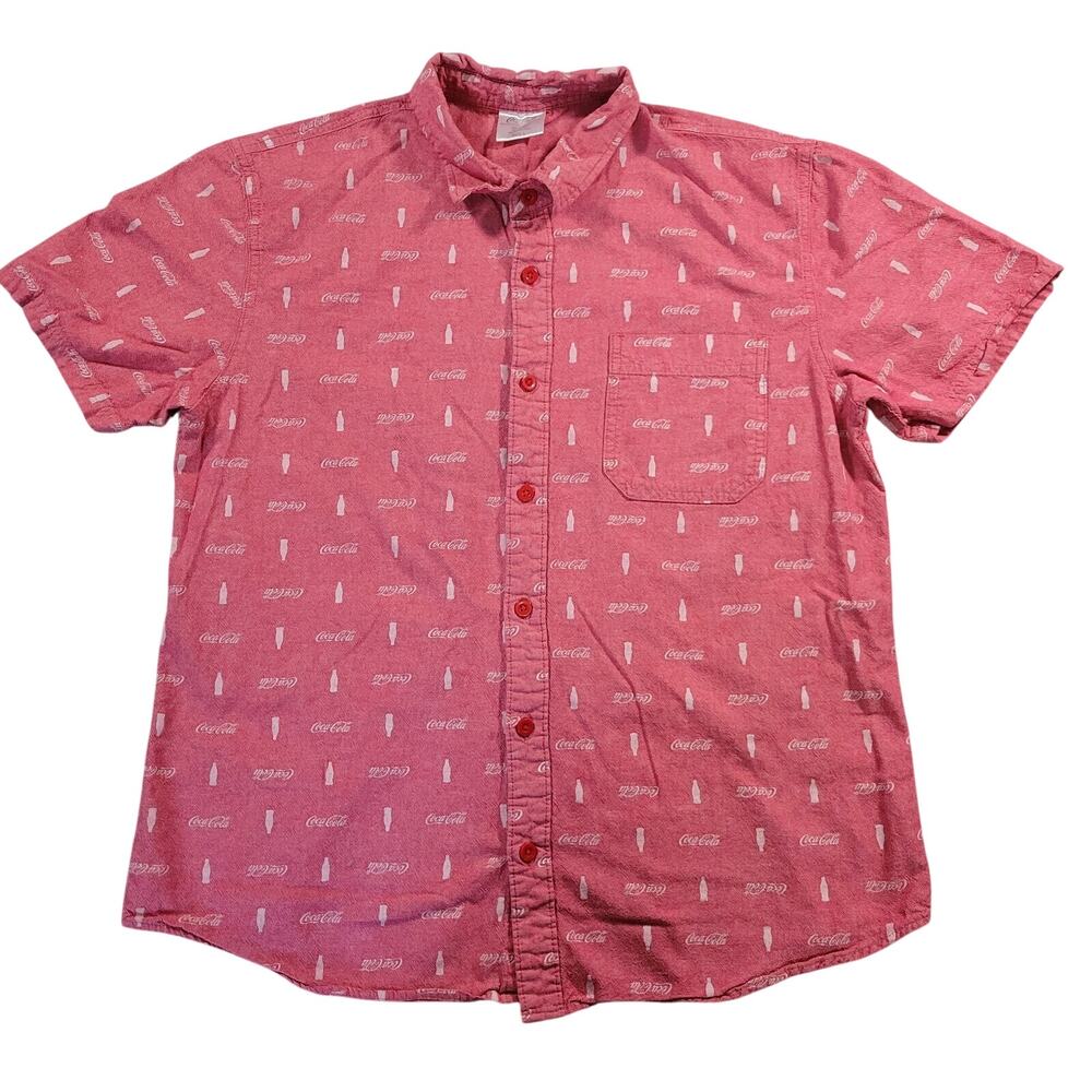 Coca Cola Mens Shirt LG Red White Logo Bottle Print EUC Retro Branded Cotton Dad
